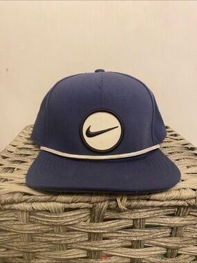 Nike Men's Dark Blue Snapback Hat with White and Black Swoosh Badge